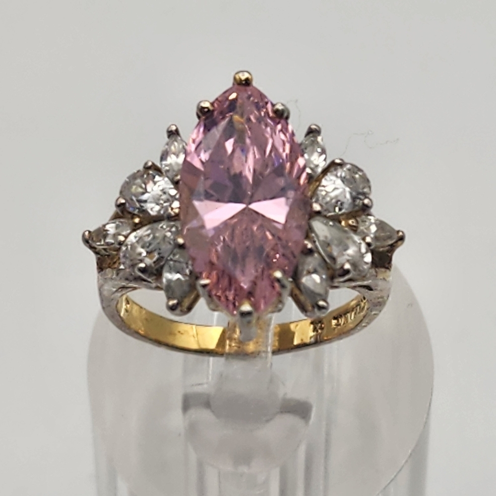 Vintage JL Gold Plated Sterling Silver Pink & Clear Crystal Ring (6.5)